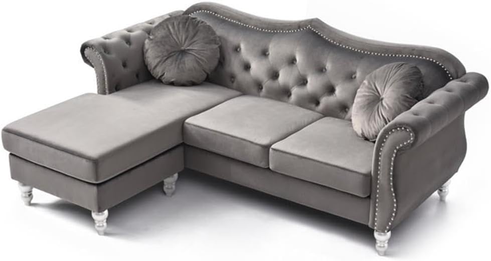 Pemberly Row Contemporary Velvet Sofa Chaise, 81" W x 35" D x 34" H, Dark Gray Finish, Tufted Back, Flared Arms, Turned Legs, Hardwood Frame, 2 Matching Throw Pillows, Living Room Seating for 4