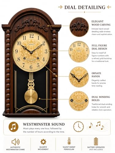 Image of Premium Wooden Pendulum Wall Clock with Musical Chime, Golden Dial with Arabic Numerals, Silent Sweep Quartz Movement, Decorative Brown Finish, Battery Operated Wall Clock (27.5 x 14 x 3.5 Inches)
