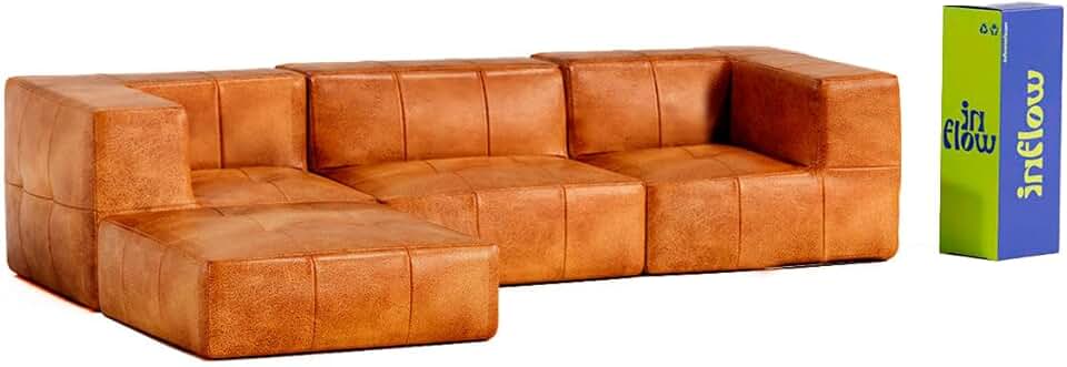 Sofá Modular Poli-Couro Marrom 3 Lugares com 2 Braços e Chaise Compacto Sala Moderna Premium