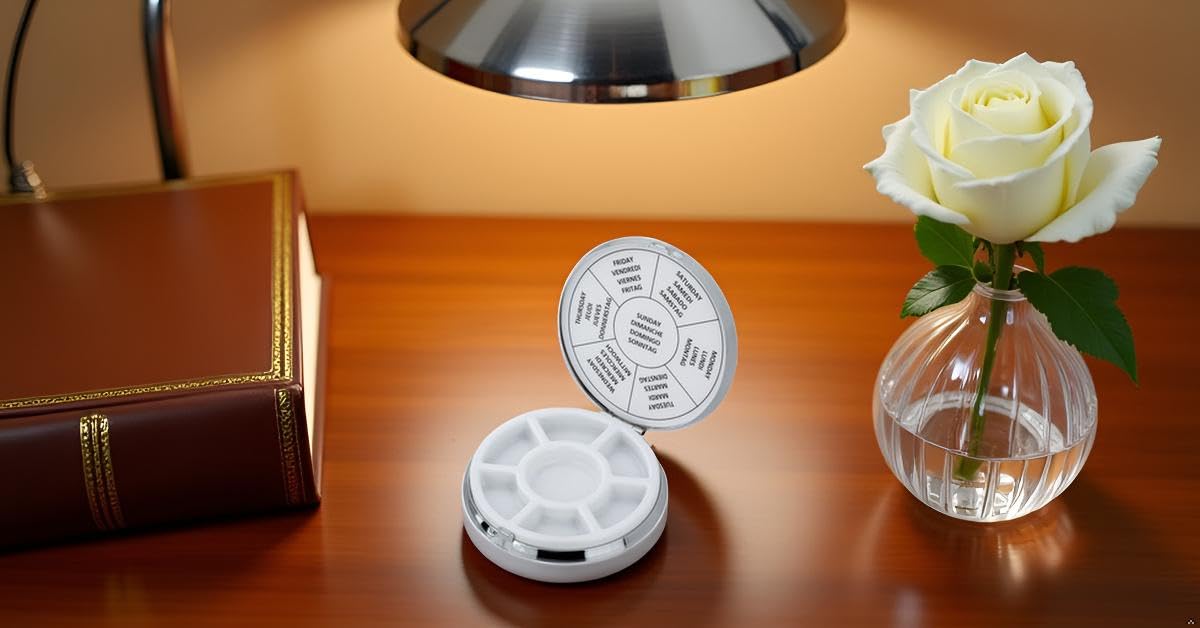 Pillendose 7 Fächer für 1 Woche Versilbert – Ø 8 cm – Premium Silver Plated Medikamentenbox – Edle Pillenbox für 7 Tage