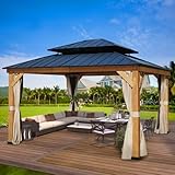 YOLENY 13' x 15' Cedar Wood Frame Gazebo, Outdoor Hardtop Gazebo with Metal Roof, Privacy Curtains...