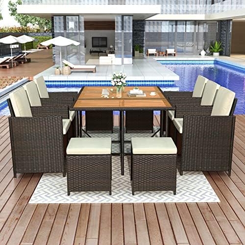 LZ LEISURE ZONE Patio Dining Set Outdoor Furniture Sets Brown Wicker Rattan Dining Table Chairs Conversation Set with Beige Cushions (11 Piece)