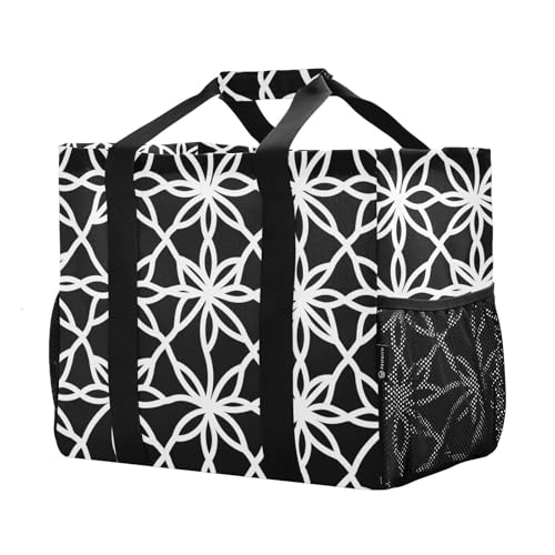 europen geometric floral white black Utility Bags And Totes Reusable Grocery Shopping Bags Foldable Beach Tote Bag With Pockets Canvas Laundry Tote Bag2