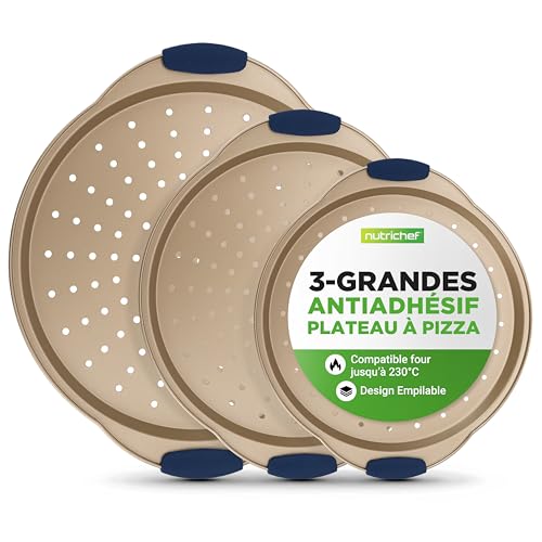 NutriChef Set de 3 Plaques à Pizza - Moules à Pizza Antiadhésif avec Poignée en Silicone avec Trous Perforés - Acier Carbone Durable - Tailles Petit, Moyen, Grand - Doré, Gold