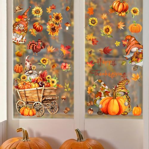 Ousuwo 8 Blatt charmante Zwerg Fensteraufkleber Herbst selbstklebende Fensteraufkleber mit lebendigen Herbstdesigns wiederverwendbare Thanksgiving Decals für Zuhause Büro Schule Dekor