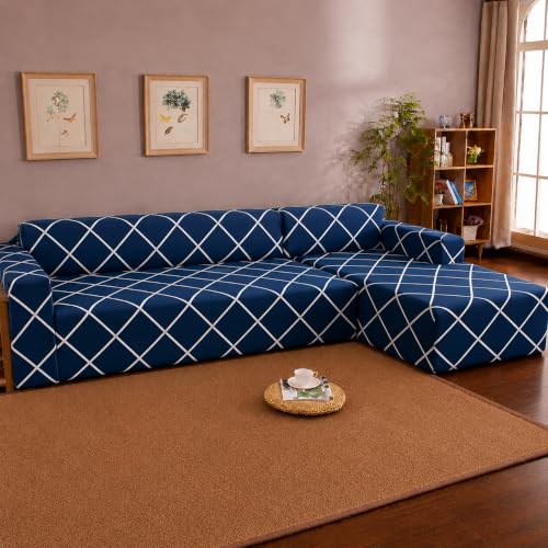 Image of Gifts Island Premium 160GSM Super Soft Peacock Grill Stretchable Sofa Cover L Shape 5 Seater Fully Covered | Suitable for Both Left and Right Side Chaise Sofa (Peacock Grill, 3+2 Seater)