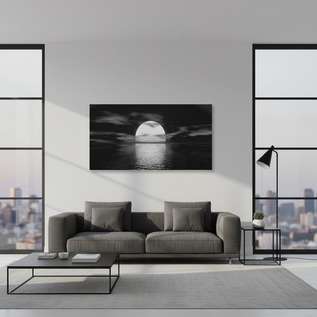 Conipit Large Black and White Canvas Full Moon Wall Art Sunset Picture Prints Moon on Sea Ocean Landscape Artwork for Home Decor Framed Ready to Hang 24''x48''