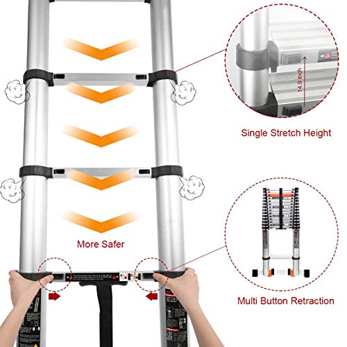18.5 FT Aluminum Telescoping Ladder, Extension Ladder with Stabilizer Bar, Hook and Nonslip Plastic Block for Household Daily, Maximum Load 330 Pound