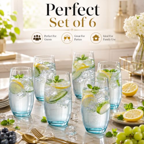 Image of bellemax 250 ML Blue Tinted Juice Glass | Premium Drinking Water Glasses for Juice, Soft Drinks & Cocktails | Crystal Clear Tumbler Glasses for Home, Kitchen, Restaurant & Party Use (Set of 6)