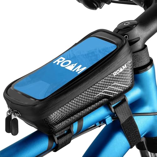 Roam Bike Universal Phone Holder + Waterproof Zipper Storage Case - Fits Smartphones Up To 4' x 7' - Velcro Strap Mounts To Bicycle Frame - Full Touchscreen Capabilities - Black