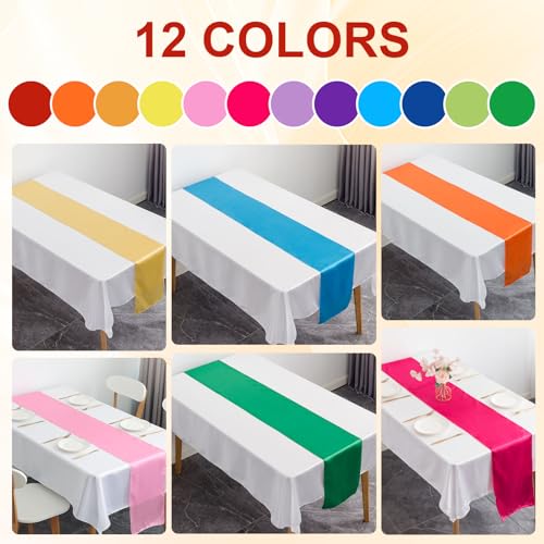 12 Pcs Bright Color Satin Silk Table Runners, Multi Color Fall Party Chair Sashes for Thanksgiving Christmas New Year Wedding Banquet Birthday Party Decoration, 12 x 108 Inch