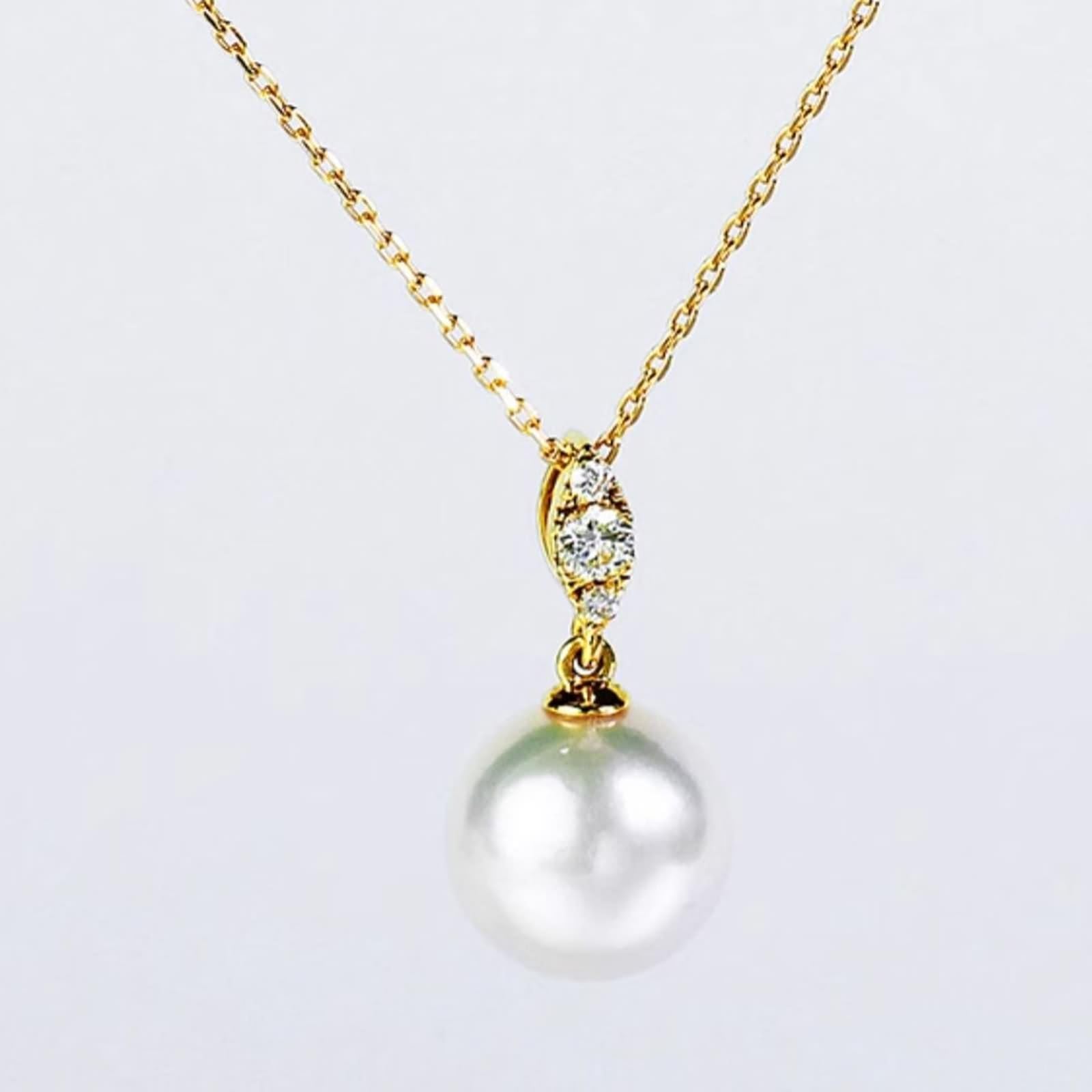 Naszyjnik damski, długi, damski łańcuszek na szyję, 8,5 mm, perła ze szlifem okrągłym 0,06 ct, diament 9K żółte złoto 45 cm