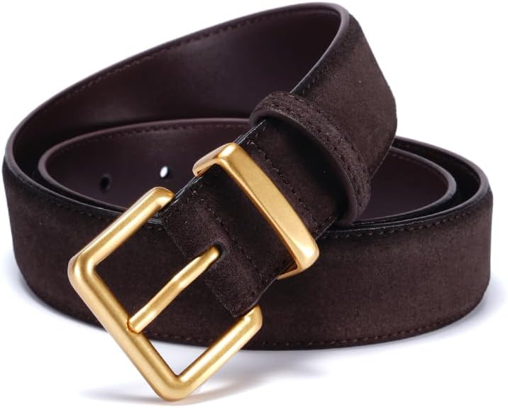 Women's Suede Leather Belt - Gold Square Buckle for Dresses & Jeans, Adjustable Waist Casual Belt