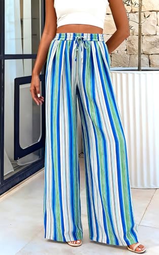 Image of PRETTYGARDEN Womens Pants Elastic Waist Floral Lightweight Palazzo Pants for Women Casual Lounge Wide Leg Pants Woman