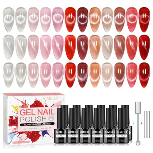 AIMEILI Set de Esmaltes en Gel Ojo de Gato con Imán - 12 Colores 5ml Kit de Gel Brillantina y Purpurina, Vegano, con Luz UV LED, Removible, para Arte de Uñas DIY y Manicura en Casa 48