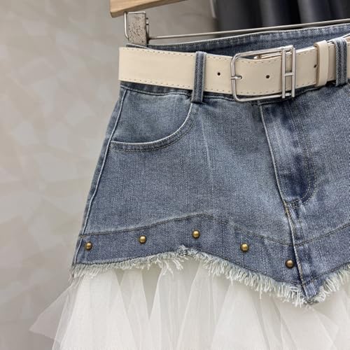 Women's Mesh Tulle Denim Skirt A-Line Beaded Patchwork Casual Jean Medium Long Skirt with Belt4