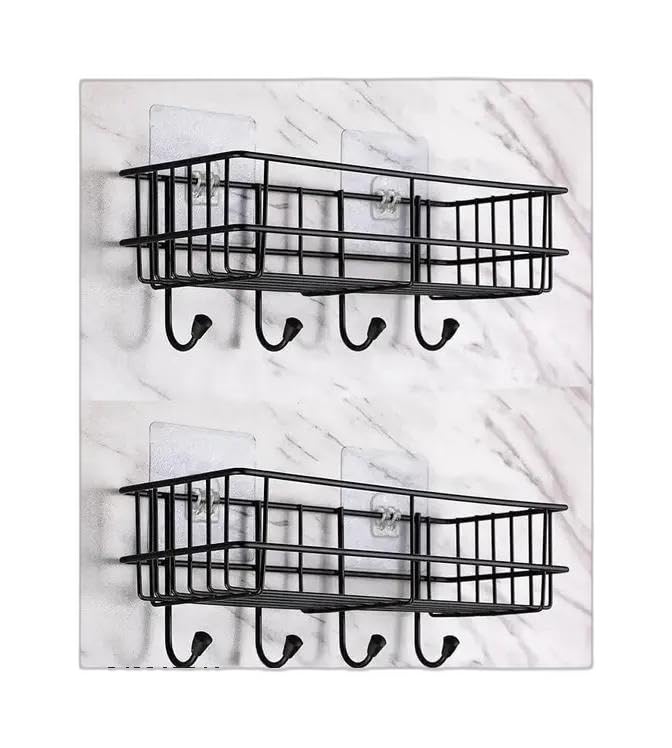 (PACK OF 2) Steel Self-Adhesive Multipurpose Bathroom Shelf with Hooks/Towel Holder/Rack/Bathroom Accessories-Wall Mount - Pack|Design - for home and kitchen