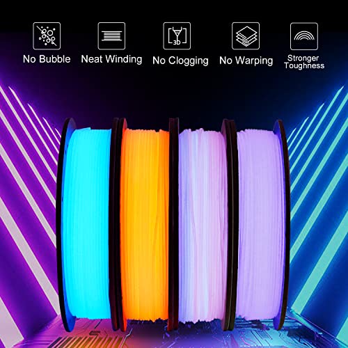 Image of ERYONE Glow in The Dark PLA Filament Bundle, 1.75mm + /-0.03 mm, 3D Printer Filament 0.25kg /Spools, 4 Packs(2.2lbs), Glow Rainbow, Blue, Orange Red, Purple