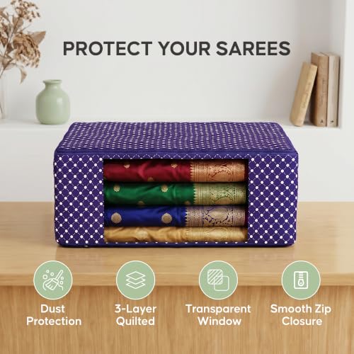 Image of DALUCI Cotton Quilted Saree Covers Set of 3 | Saree Cover Bags for Storage with Transparent Window & Zip | Wardrobe Organizer for Clothes, Sarees, Lehengas, Dresses Foldable Closet Storage Bags - Blue
