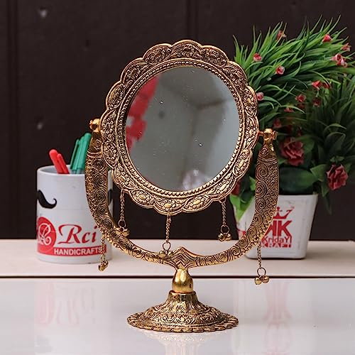 Image of KridayKraft Gold Plated Beautifully Carved Table Mirror for Makeup Metal Salon Mirror Antique Decorative Table Mirror for Decoration & Gifting Purpose, Round, Tabletop
