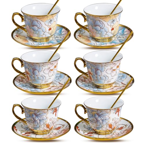 Juego de 6 tazas de té y platillos de 8 onzas, 18 tazas de té vintage de cerámica, tazas florales azules a granel para capuchino, café, espresso, latte, té de la tarde, inauguración de la casa