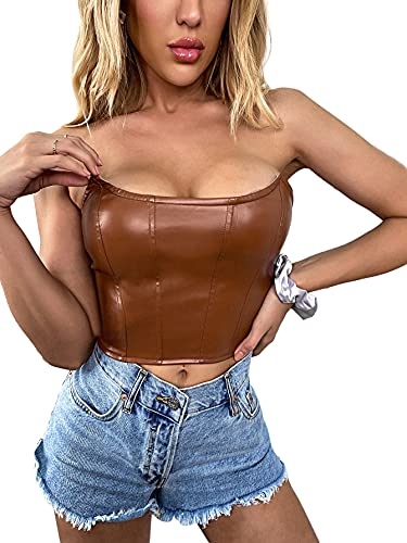 Milumia Women PU Faux Leather Tube Top Strapless Sleeveless Zip Back Crop Top Brown Medium