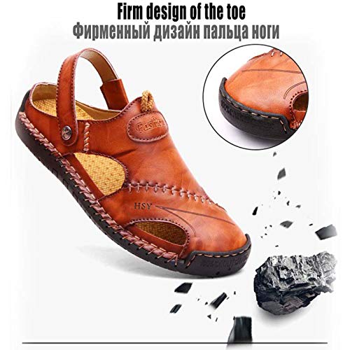 Men's Closed Toe Leather Sandals, Genuine Leather Soft Beach Breathable Shoes, Summer Outdoor Casual Fisherman Walking Shoes Non-Slip Flip Flops, Black-442