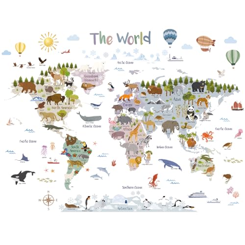 DECOWALL 世界地図 ウォールステッカー 105×83cm 動物付き 知育ポスター 大判 キッズ 子供部屋 ベビールーム プレイルーム 壁デコ インテリア 学習デコ 男の子 ...
