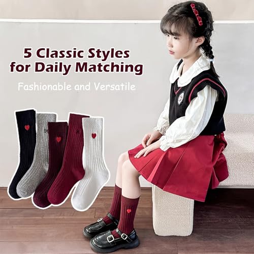 Socks for Girls Mid-Calf Love Bow Solid Crew Socks Ribbed Cuffs Novelty Girls Socks 5 Pairs3