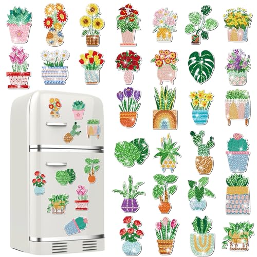 Remuuly 30 Pcs Spring Diamond Painting Magnets Summer Diamond Art Magnet Kits for Adults Plant Flower 5D Rhinestones Refrigerator Magnetic Stickers for Beginner DIY Crafts Fridge Spring Gifts