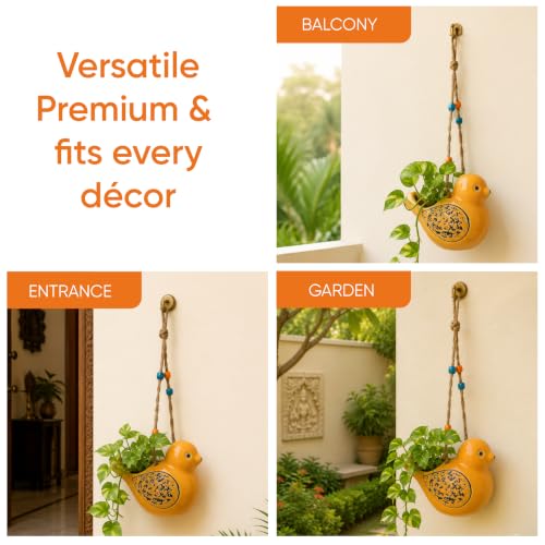Image of AAKRITI ART CREATIONS Ceramic Hanging Planter | Sunny Songbird Design, Abstract Art, Yellow Matte Finish | Decorative Hanging Pot for Indoor & Outdoor Home Decor