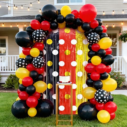 Image of 2 Packs Red Black Yellow Foil Fringe Curtain, Mouse Polka Dots Glitter Metallic Tinsel Backdrop for Birthday Baby Shower Cartoon Mouse Party Decorations Supplies