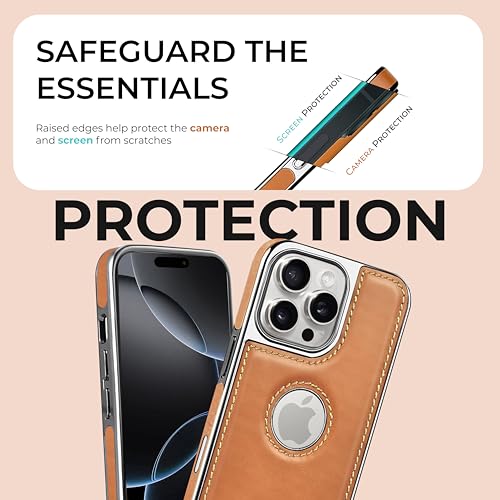 Image of PULOKA Chrome Leather Back Case - Compatible with iPhone 16 Pro - Luxury Bumper Case - Flexible Vegan Leather - Electroplated Sides & Logocut - Full Camera Protetection & Raised Edges - TAN