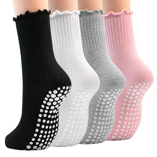 Image of GRPSKCOS Non Slip Yoga Socks 4 Pairs Women Pilates Grip Socks for Yoga Barre Home Workout Hospital Size 5-8