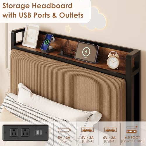 Image of GAOMON Twin Size Bed Frame with 2 Drawers and Charging Station, Brown