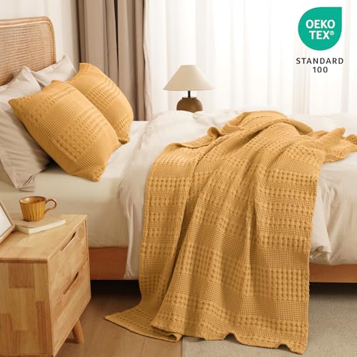 Image of PHF 100% Cotton Waffle Throw Blanket for Couch, Lightweight Breathable and Soft for Summer, Luxury Aesthetic Waffle Weave Blanket for Home Decor & Office, Gifts for Women, 50 inchx60 inch, Pumpkin Orange