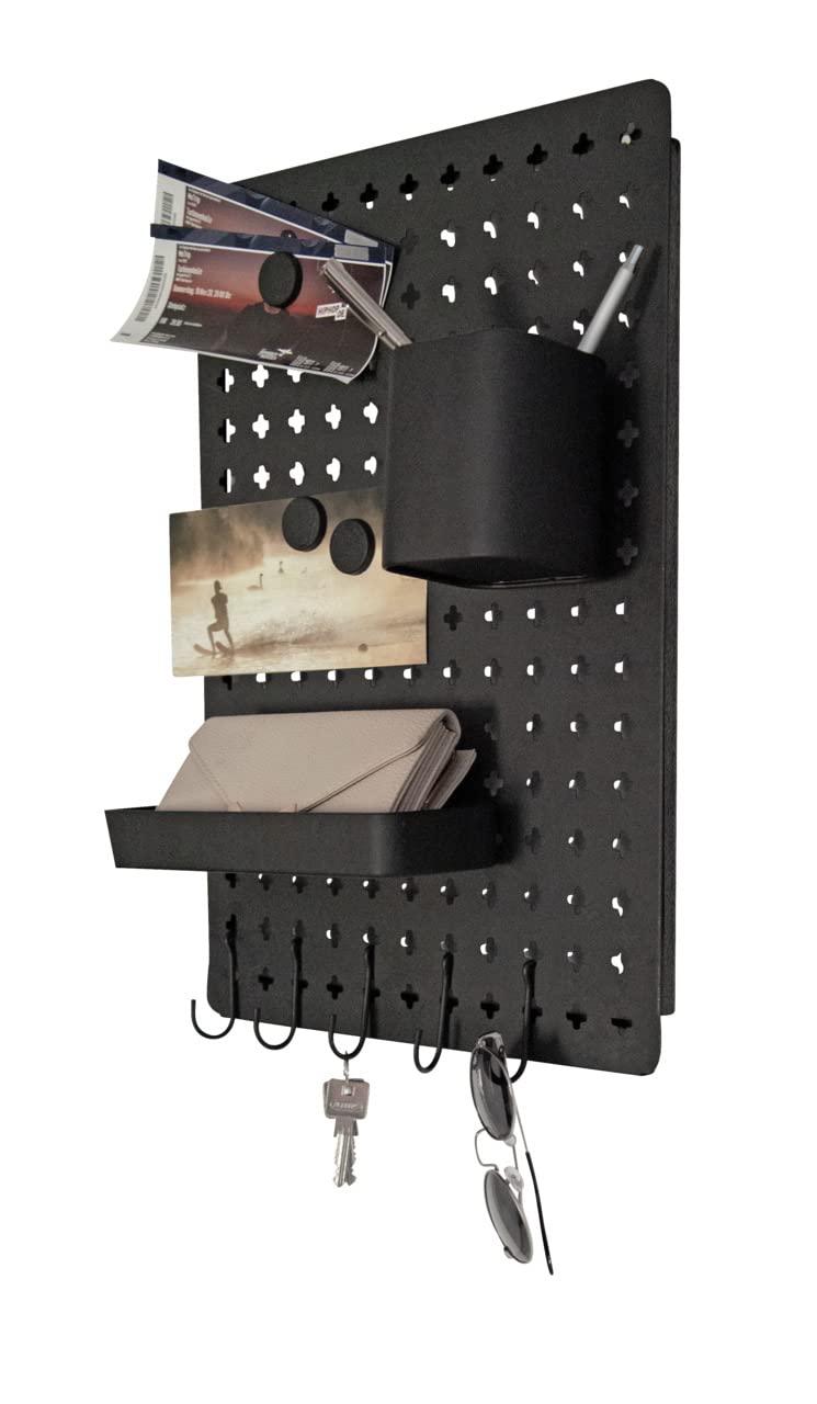 WENKO Memoboard Schreibtisch Organizer Schwarz | Wandorganizer für Küche, Büro, Flur | Lochplatte Metall Set 3 Magneten, 5 Haken, 2 Behälter