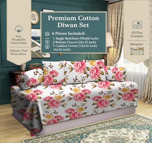 Image of IVAZA 240 TC Soft Ezyption diwan Cover Set Cotton 6 Pieces Designer Printed Standard diwan Cover Set (1 Single Bedsheet, 2 Bolster Covers, 3 Cushion Covers) Pink White