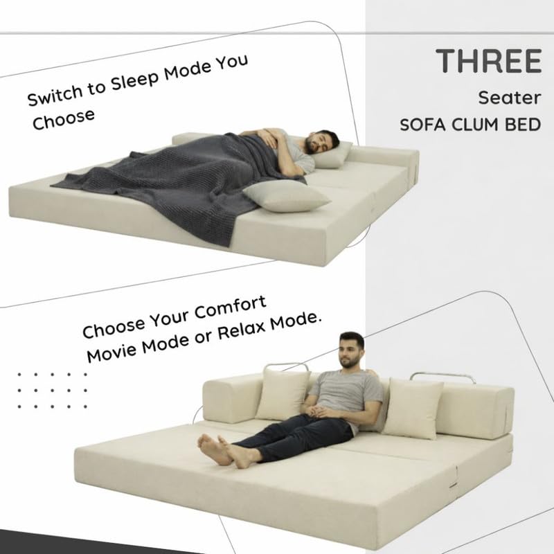 Image of Adorn India Easy Premium Modular 4 Seater Sofa Cum Bed | Velvet Suede Fabric | Colour Cream | Modern Design | Size 6x6 Fit | Comfortable for Seat & Sleep | Washable Cover | Perfect for Home & Office