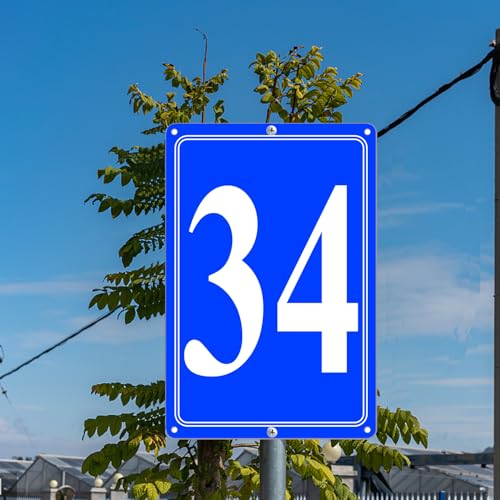 Image of Premium Aluminum Number Signs 34, Metal 12 inch X 8 inch Blue Numbered Signs Outdoor for Parking Lots, Floor, Dock, Court, Aisle, Field, High Visibility, No Fade, Weather-resistant