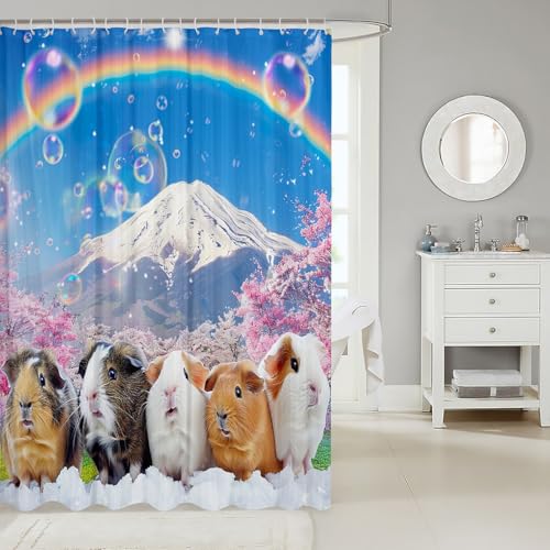 Image of Guinea Pig Shower Curtain for Girls Boys Kids Cute Cavy Lovely Pet Bath Curtain Rainbow Mountain Landscape Bathroom Shower Curtain Set Room Decor Cherry Tree Waterproof Polyester Curtains 72x78 Inch