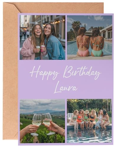 Hippowarehouse Personalised Birthday Card Collage 4 Photos and Text for him her Valentines Best Friend Personalised A5 with envelope Funny Cards for Men and Women Blank inside Anniversary
