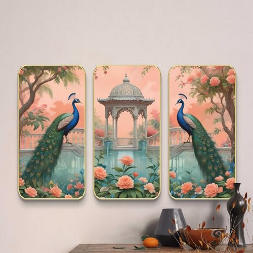 Image of Livin'luxe Set of 3 couple Peacock modern art Boho painting Premium Framed Laminated Wall paintings for living room, bedroom, home decoration, wall decoration 20 inch x 30 inch SP-34