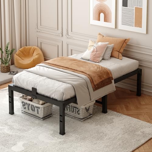 Image of FUIOBYVV Twin Bed Frames,18 Inch Heavy Duty Metal Platform Bed Frame Twin Size Support Up to 3500 lbs,No Box Spring Needed,No Shaking,Steel Slat Support,Noise Free,Easy Assembly
