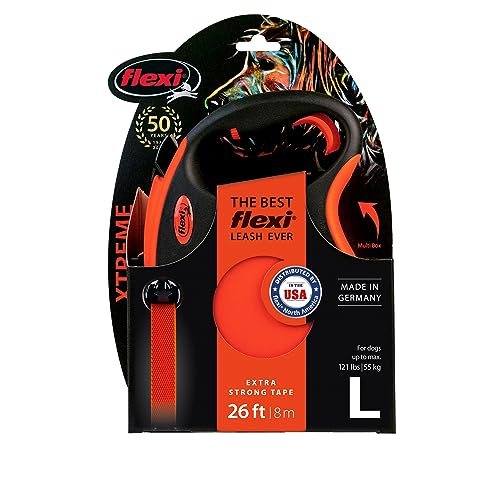 Flexi Xtreme L - Extra robuste einziehbare Leine mit 7,9 m extra starkem Band | Schutzgürtel mit reflektierenden Komponenten | Griffverstellung | Orange/Schwarz