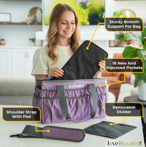 Image of Large Craft Organizer Tote Bag - Art Bag 16 x 7.9 x 9.5 with Elastic Side Pockets to Keep Markers Tidy - Durable Craft Bag Organizer Tote - Caddy Organizer with Handle and Removable Divider (Purple)
