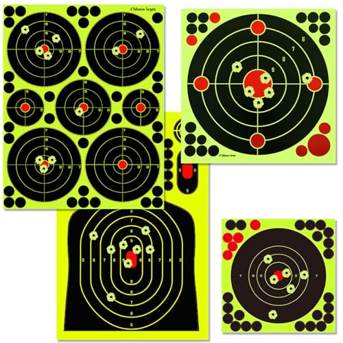 GearOZ Splatter Shooting Targets Stickers, 20PCS & 4 Styles Adhesive Reactive Target Paper with Yellow Splatter Impact for BB Pellet Airsoft Guns Silhouette Targets Bull's-Eye Target