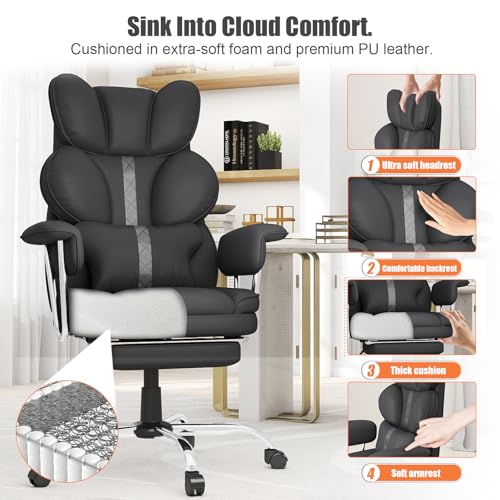 Big and Tall Office Chair,Leather Executive Office Desk Chair with Lumbar Support,400bls Comfy Ergonomic High-Back Reclining Computer Chairs,Swivel Rolling Wheels and Retractable F image 7