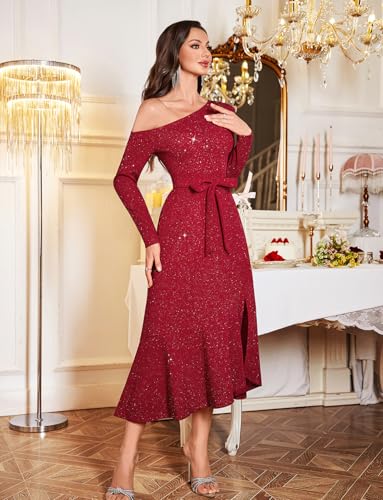 Bbonlinedress Womens Formal Wedding Guest Dress One Shoulder Long Sleeve Cocktail Evening Party Glitter Sparkly Dresses2