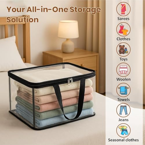 Image of JD FRESH 3 Pcs 27L Transparent Plastic Storage Bags for Clothes with Zipper & Handles /Foldable Saree Covers /PVC Wardrobe Organizer /Multipurpose Storage Bags /Blanket /Bedsheet /Lehenga /Shirts-40x32x22